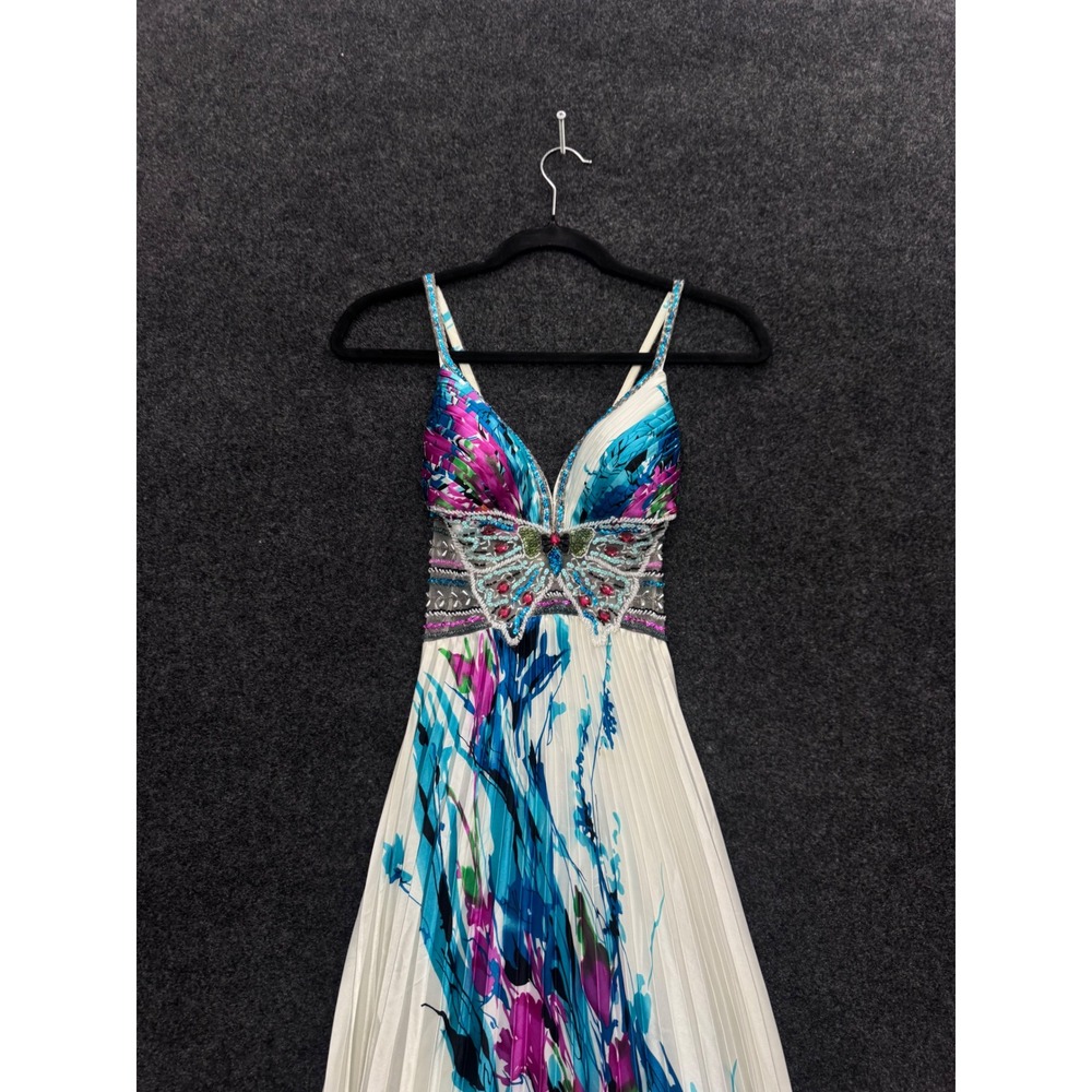 Mom Dad & Me Butterfly Beaded Pleated Maxi Dress Floral White Blue XS